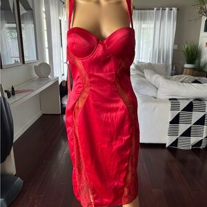 Red Satin Lace detail Midi Dress - size Medium
